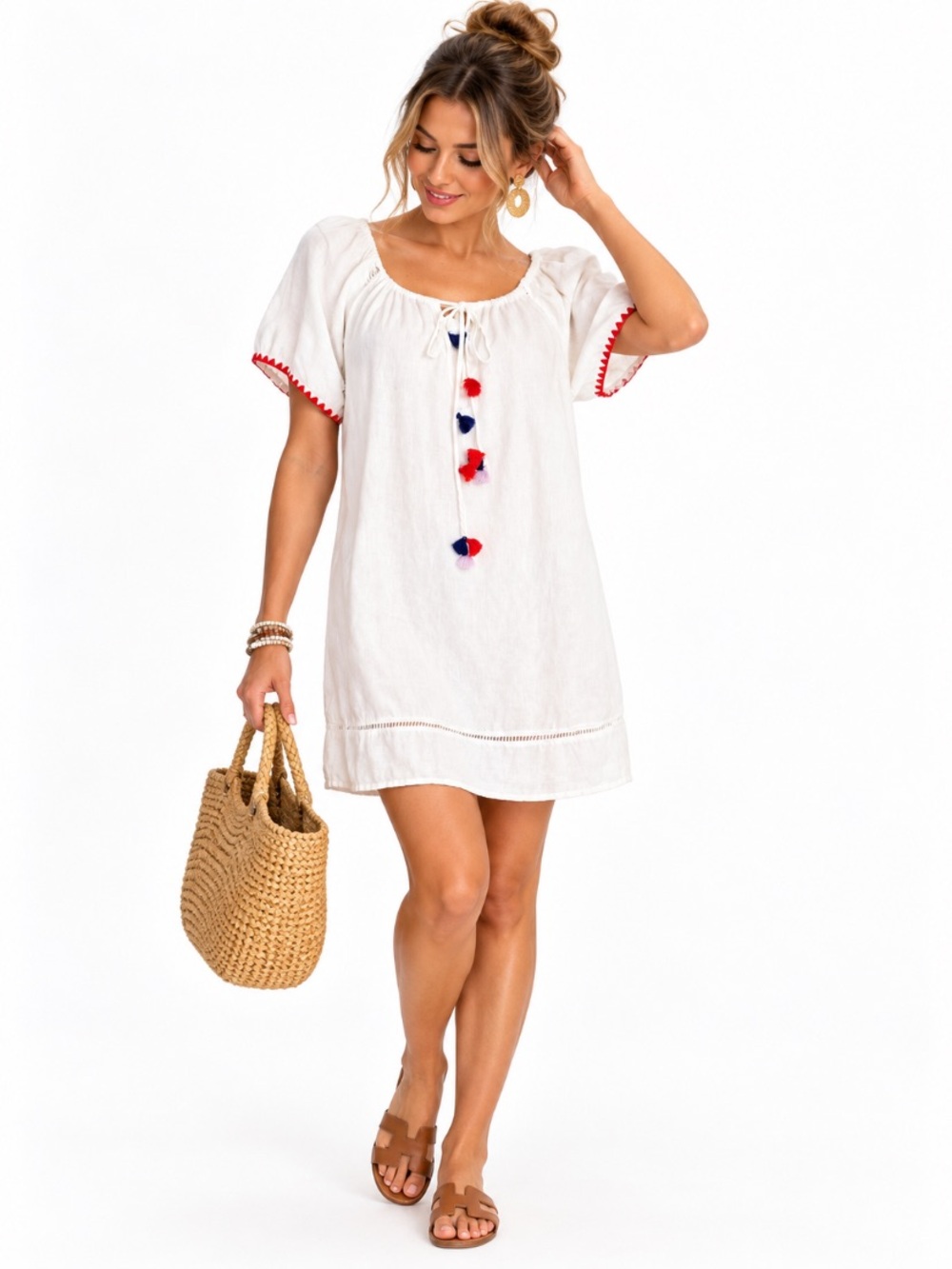 J. Crew White Red Embroidered Linen Blend Pom Pom Peasant Tunic Dress Size M